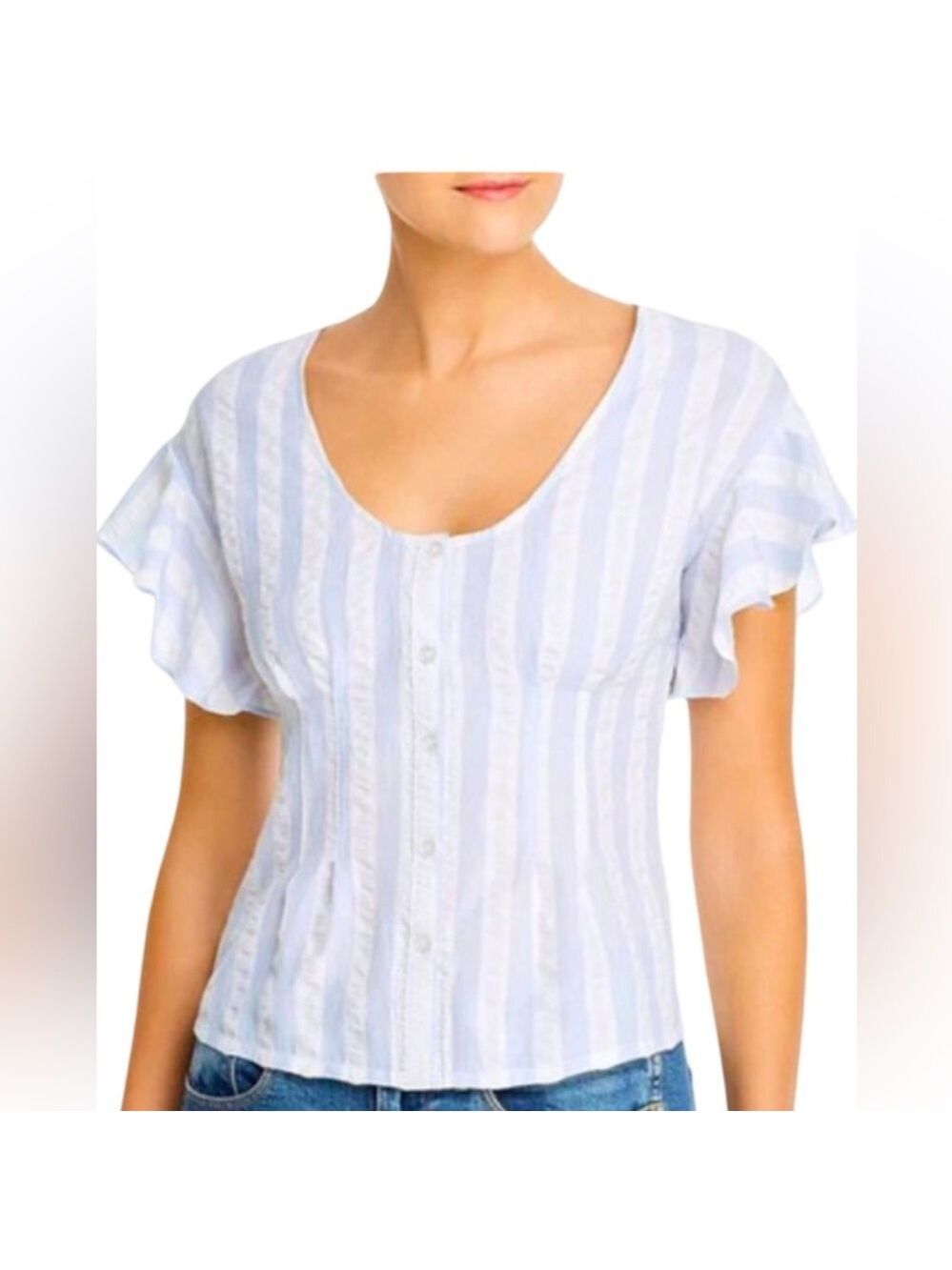 cupcakes & cashmere Light Blue and White Ruffle Short Sleeve Blouse Small